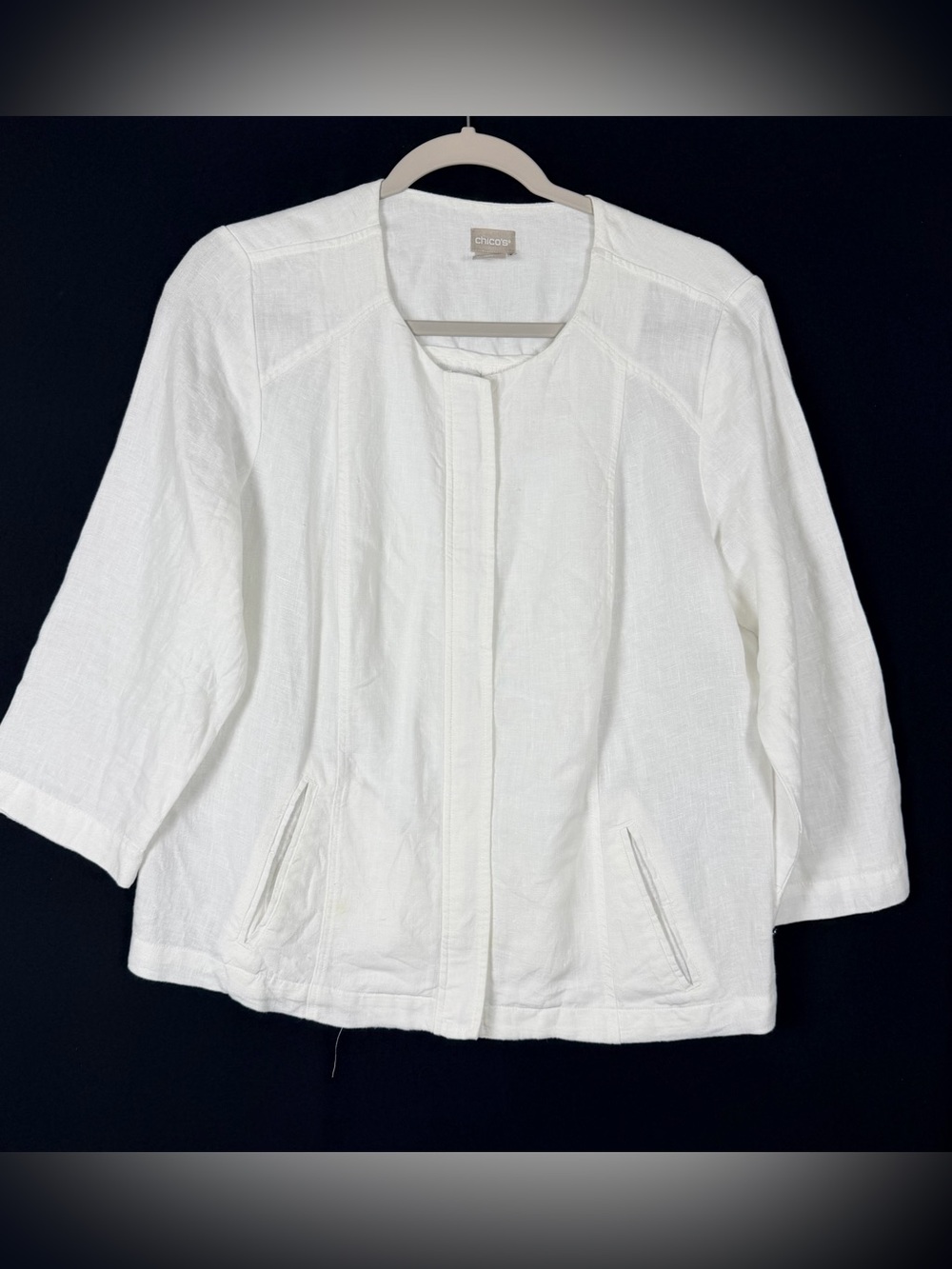Chico's White Linen Jacket Metal Zipper Collarless Quality minimalist nautical